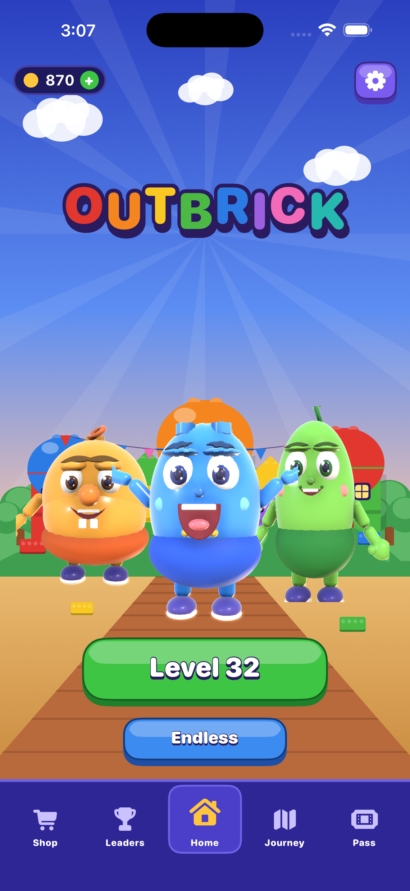 OutBrick Home screen with Bloo, Peach, and Sprout OutBrick Home screen with Bloo, Peach, and Sprout