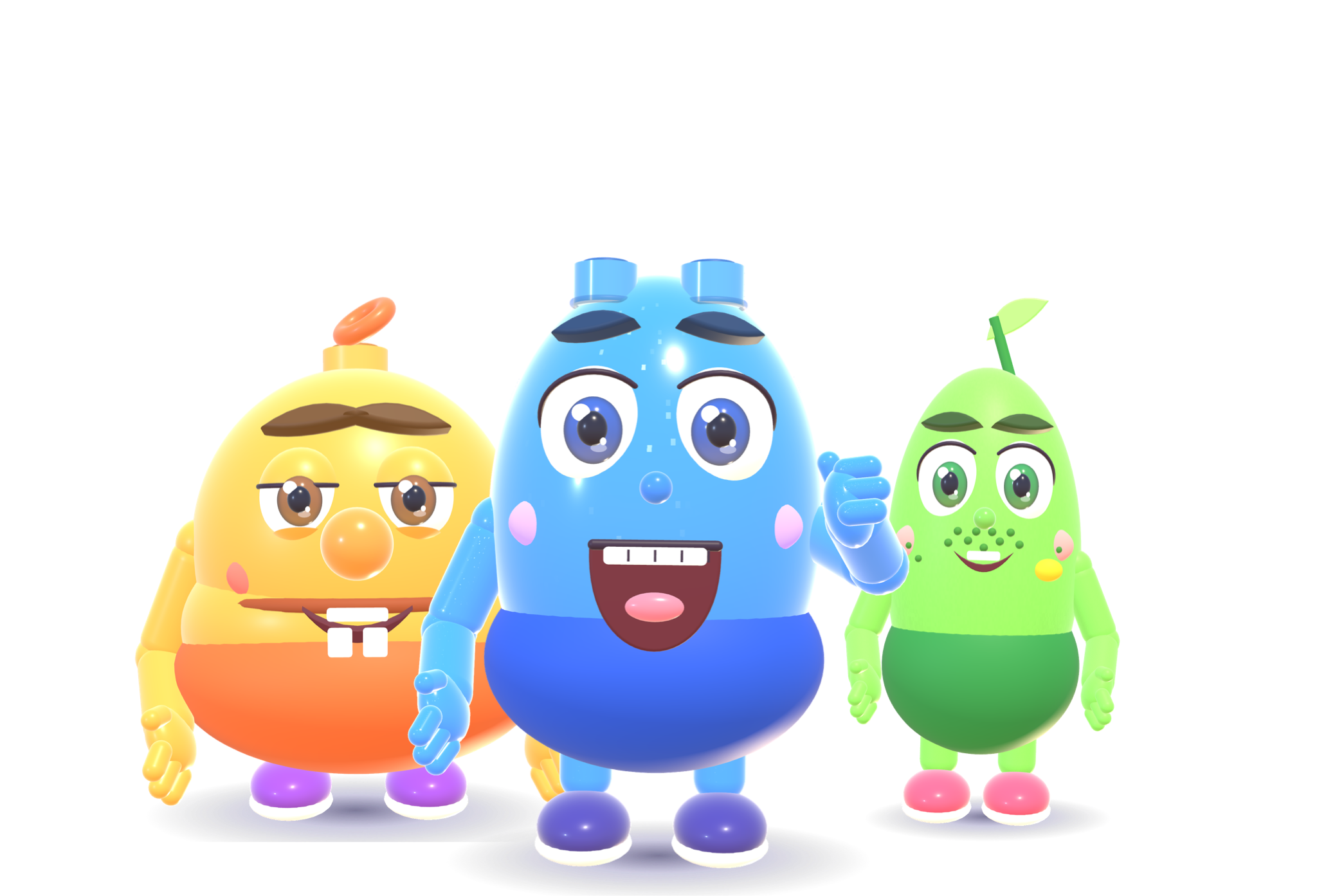 Bloo, Peach, and Sprout OutBrick mascot group Bloo, Peach, and Sprout OutBrick mascot group
