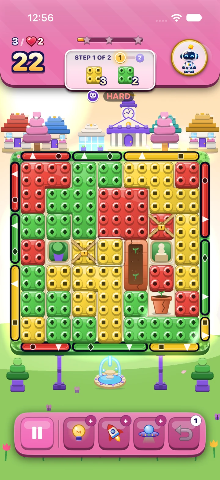 A current OutBrick board with Pix in the header frame and the score, goals and coloured gates visible.